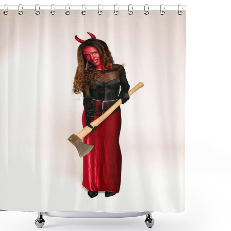 Personality  A Beautiful Woman In A Devil Costume Poses Confidently With An Axe, Embodying Halloween Festivities. Shower Curtains