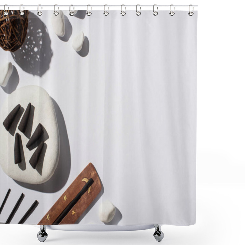 Personality  Top View Of Black Incense Cones, Stones, Aroma Sticks And Decorative Ball On White Background Shower Curtains