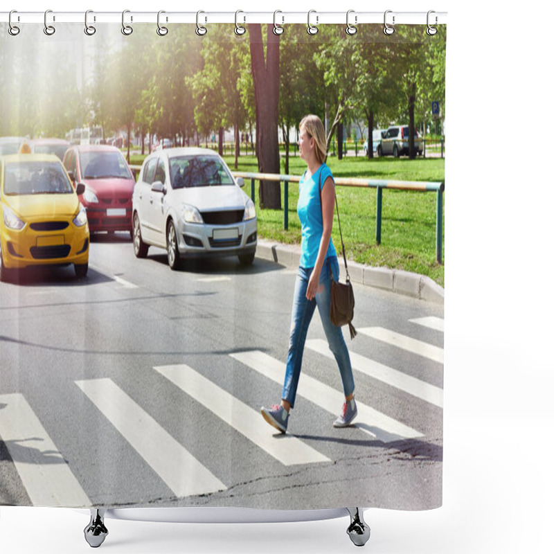 Personality  Woman Crossing The Street At A Pedestrian Crossing Shower Curtains