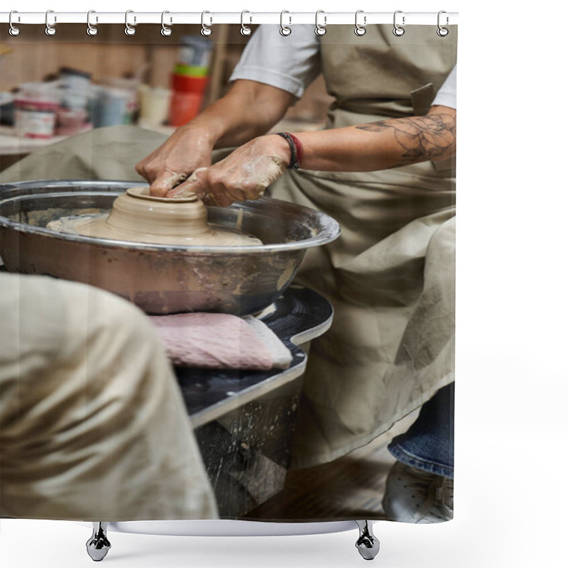 Personality  An Artisan Crafts A Clay Vessel On A Pottery Wheel In A Cozy Studio. Shower Curtains