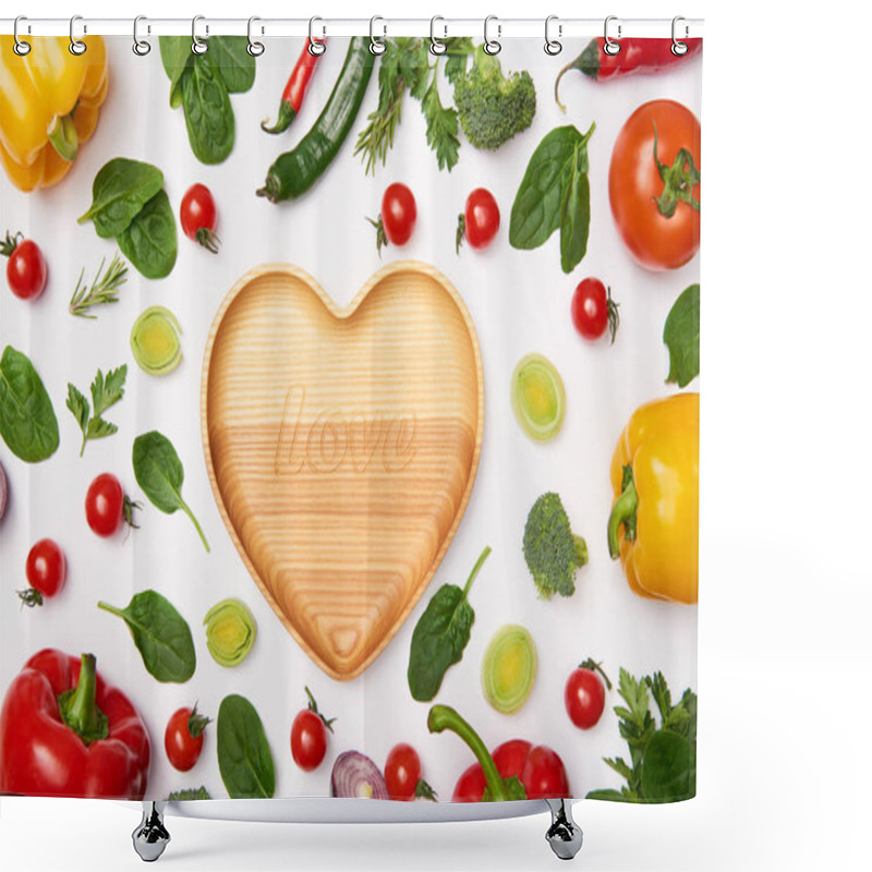 Personality  Flat Lay With Vegetables And Wooden Cutting Board On White Background Shower Curtains