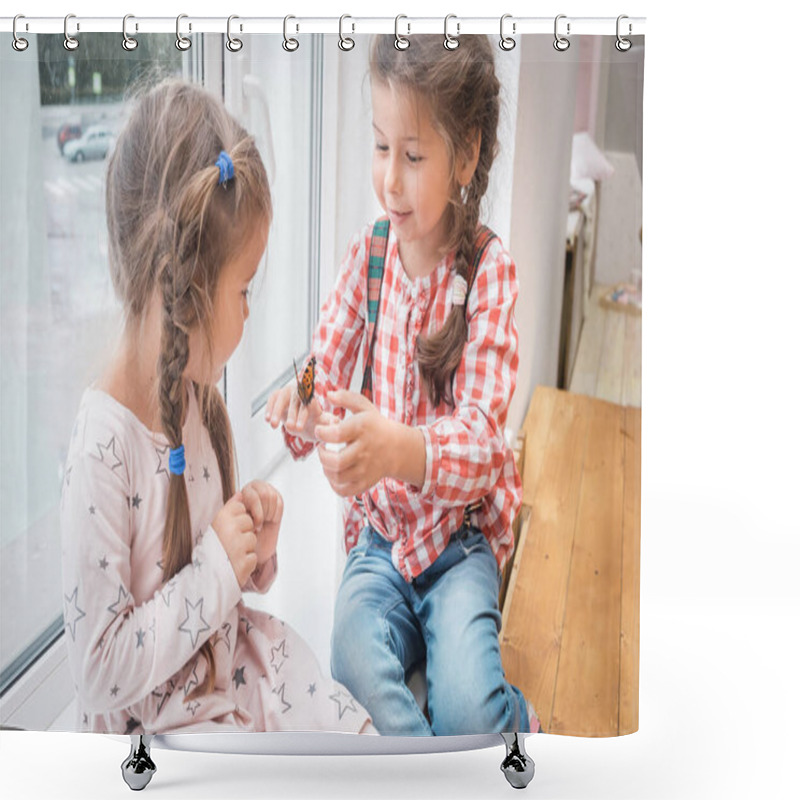 Personality  Two Little Girls Playing With A Butterfly On The Windowsill. Shower Curtains