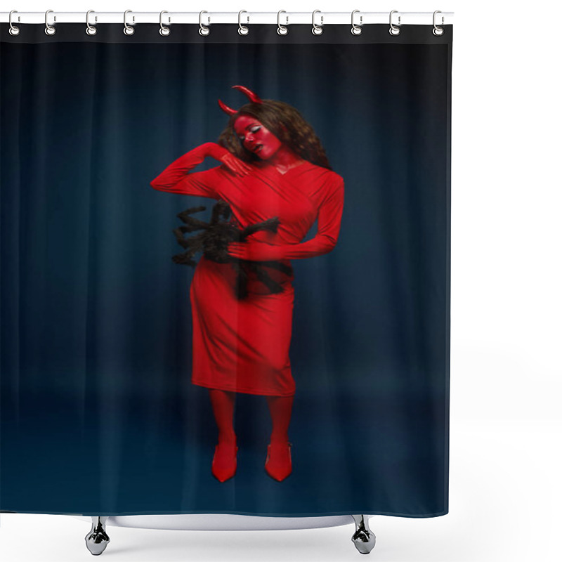 Personality  A Captivating Woman Dressed In A Striking Red Devil Outfit Showcases Her Creativity For Halloween. Shower Curtains