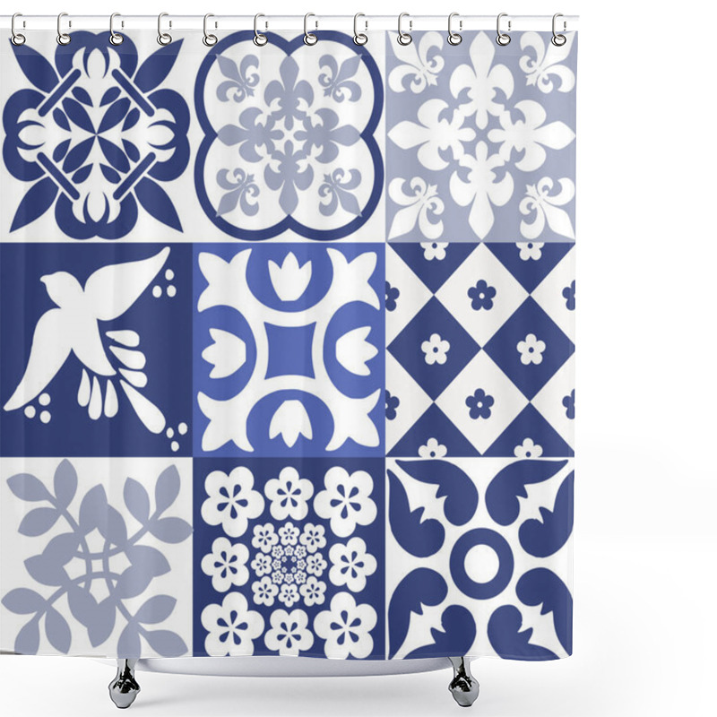 Personality  Blue Portuguese Tiles Pattern - Azulejos Vector, Fashion Interior Design Tiles  Shower Curtains