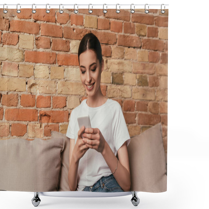 Personality  Cheerful Woman Using Smartphone In Living Room  Shower Curtains