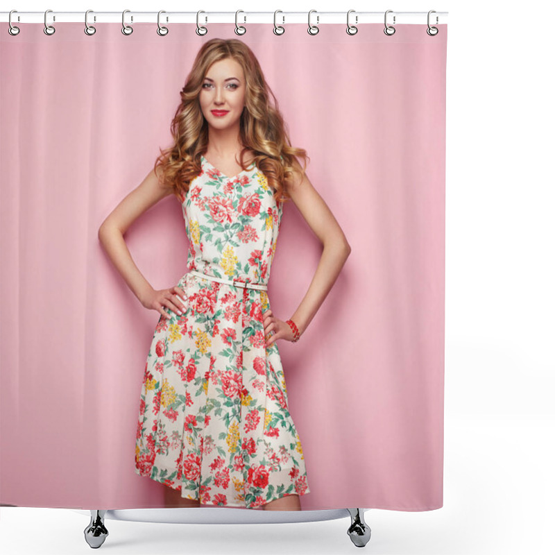 Personality  Blonde Young Woman In Floral Spring Summer Dress Shower Curtains