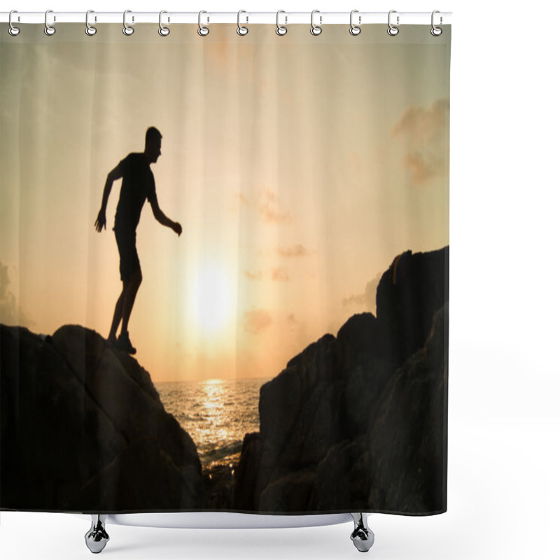 Personality  The Jumping Man On Rocks Shower Curtains