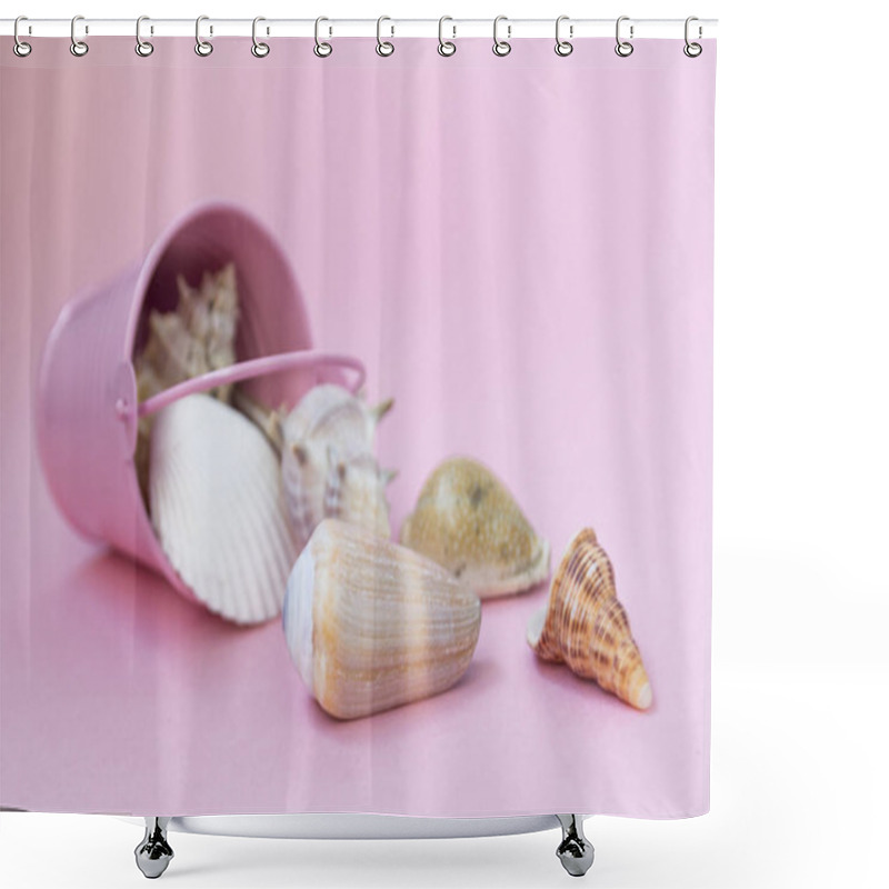 Personality  Sea Shells Of Various Sizes Are Scattered From A Pink Bucket On A Pink Background, Empty Space To The Right. Shower Curtains