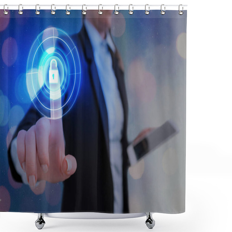 Personality  Graphics Of Latest Digital Technology Protection Data Padlock Security On The Virtual Display. Businessman With Lock To Secure. Shower Curtains