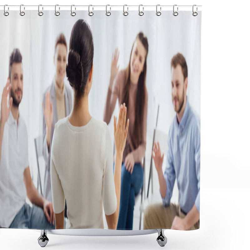 Personality  Panoramic Shot Of People Sitting On Chairs And Raising Hands During Support Group Session Shower Curtains