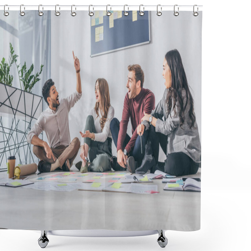 Personality  Happy Multicultural Scrum Masters Sitting On Floor And Looking At Mixed Race Coworker With Idea  Shower Curtains