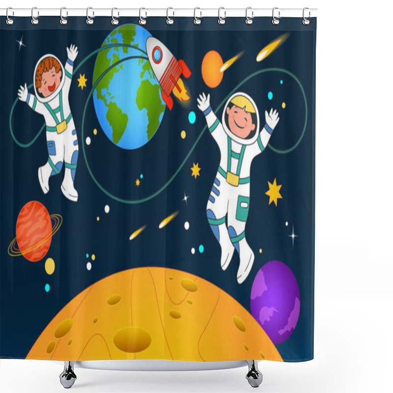 Personality  Two Young Astronaut-cosmonauts Fly In Space Against The Background Of Stars And Planets. Vector Illustration In Cartoon Style, Page, Banner, Poster. Shower Curtains