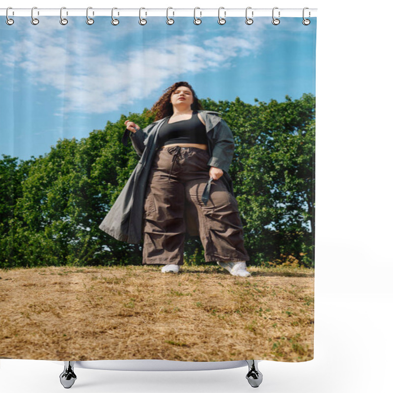 Personality  A Stylish Plus Size Woman Poses Confidently Amidst Lush Greenery, Embracing Her Unique Beauty. Shower Curtains