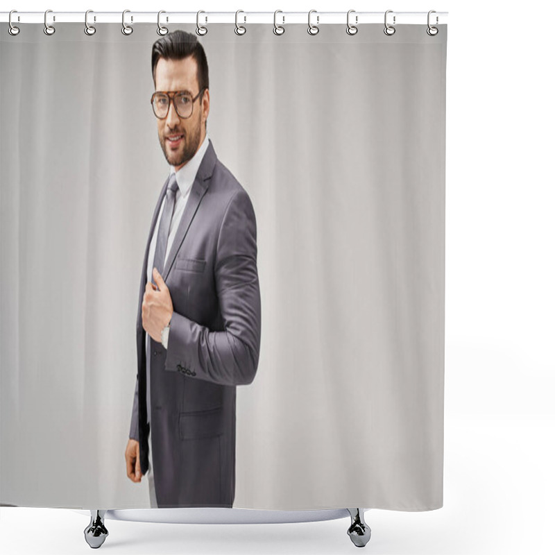 Personality  Cheerful Businessman In Formal Wear And Glasses Standing On Grey Background, Elegance And Style Shower Curtains