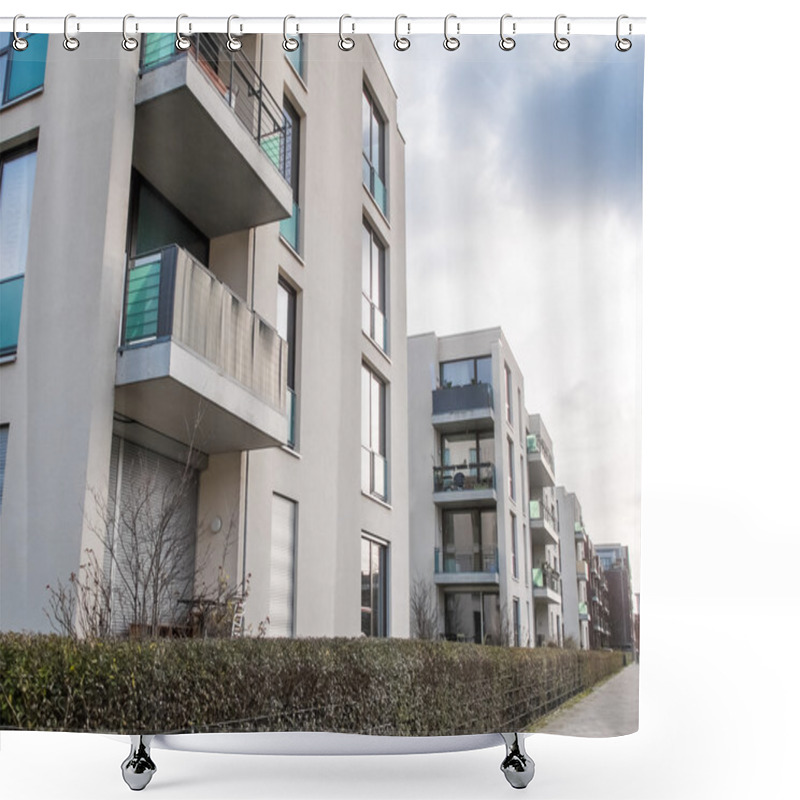 Personality  Apartment Buildings Surrounded By Hedge Shower Curtains