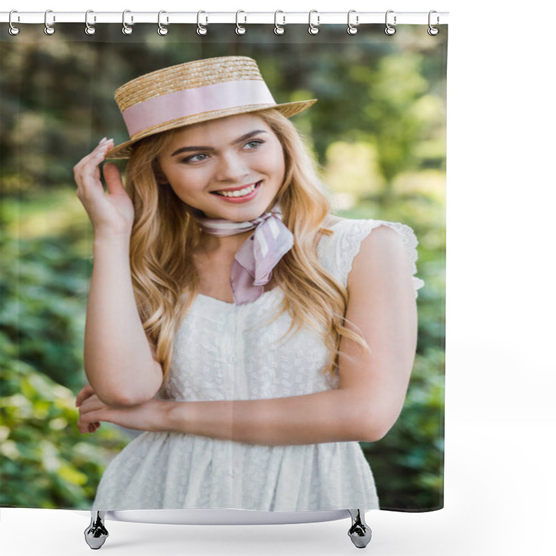 Personality  Beautiful Tender Blonde Girl In Dress And Wicker Hat With Ribbon Smiling And Looking Away In Park  Shower Curtains