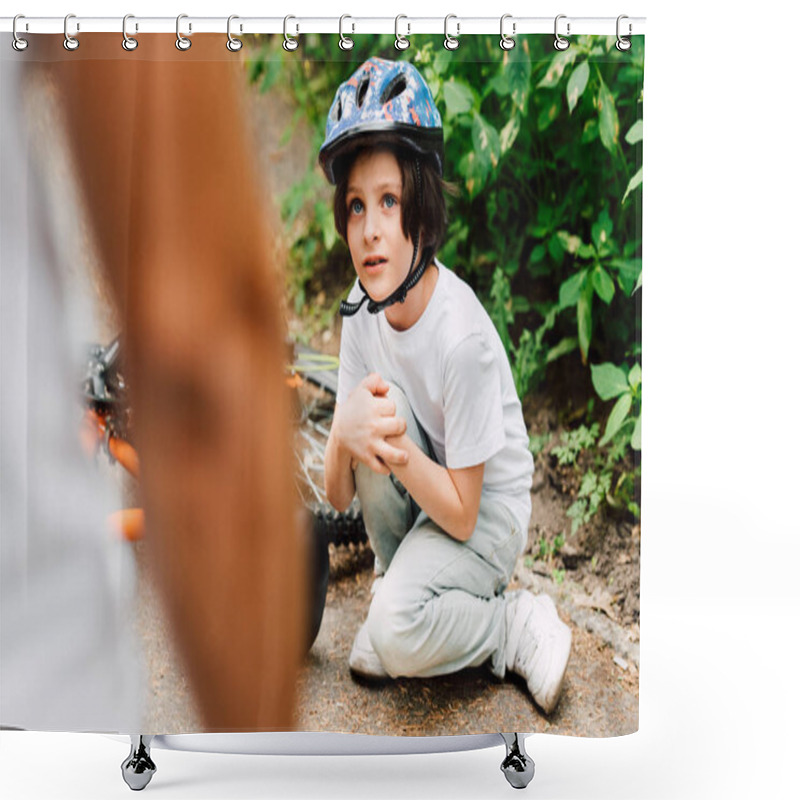 Personality  Selective Focus Of Boy Fell From Bicycle And Looking At Father While Dad Standing Near Son Shower Curtains