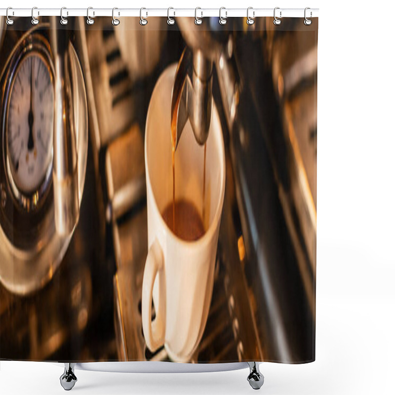 Personality  Close Up View Of Coffee Pouring In White Cup From Coffee Machine With Sunlight In Cafe, Banner Shower Curtains