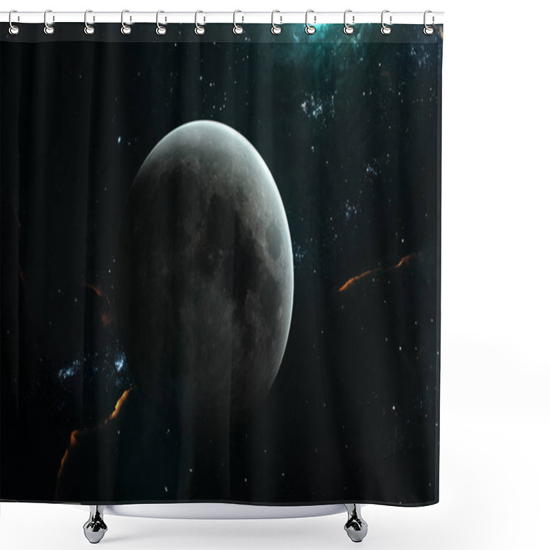 Personality  The Moon In Turquoise Light. Solar System, Nebulae, Star Clusters. Science Fiction Art. Elements Of The Image Were Furnished By NASA Shower Curtains