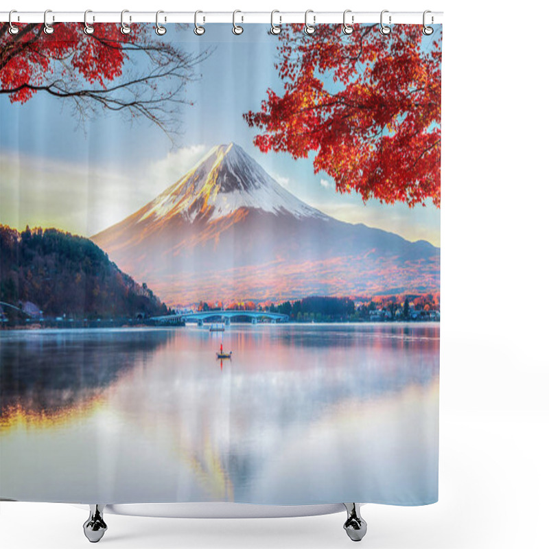 Personality  Fuji Mountain And Fisherman Boat With Red Maple Leaves In Autumn Shower Curtains