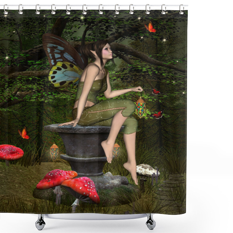 Personality  Beautiful Fairy Sits On A Pedestal Into The Forest Shower Curtains