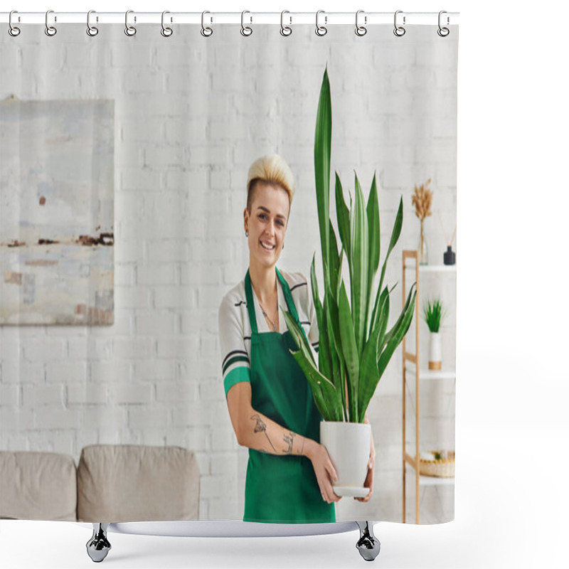 Personality  Carefree And Tattooed Woman In Green Apron Holding Flowerpot With Natural Exotic Plant And Looking At Camera In Modern Apartment, Eco-friendly, Sustainable Home Decor And Green Living Concept Shower Curtains