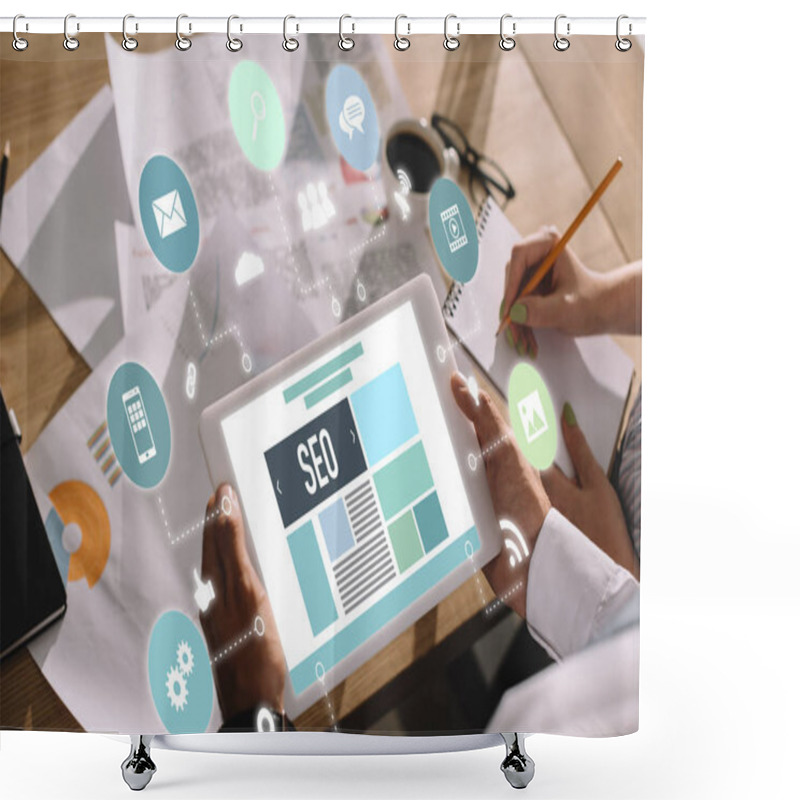 Personality  Developers Using Digital Tablet With SEO Symbols And Icons Shower Curtains