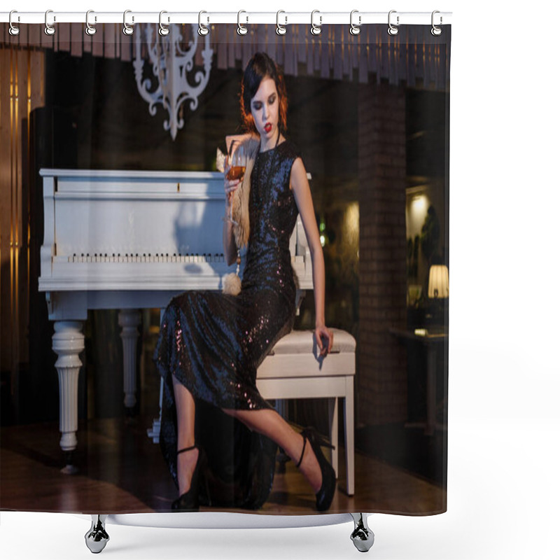 Personality  Portrait Of 20s Style Festive Beauty In A Restaurant. Young Beautiful Woman In Art-deco Style, In Black Dress In A Luxurious Interere Chicago 20s, The Era Of Gangsters. Singer At The White Piano Shower Curtains