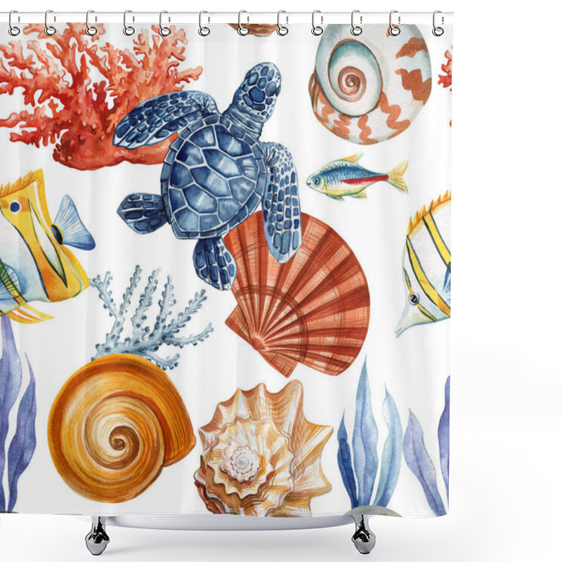 Personality  Seamless Pattern With Underwater Life. Seashells, Fish, Starfish, Corals And Sea Turtles. Summer Pattern Watercolor. Sea Animal. High Quality Illustration Shower Curtains