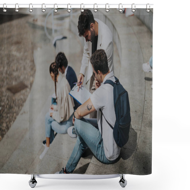 Personality  A Group Of High School Students Sit Outdoors While Solving Tasks With A Professors Assistance. The Scene Portrays An Engaging Outdoor Educational Environment. Shower Curtains