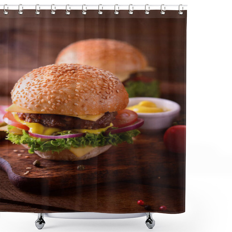 Personality  Fresh Burger Closeup. Wooden Rustic Background. Top View Shower Curtains