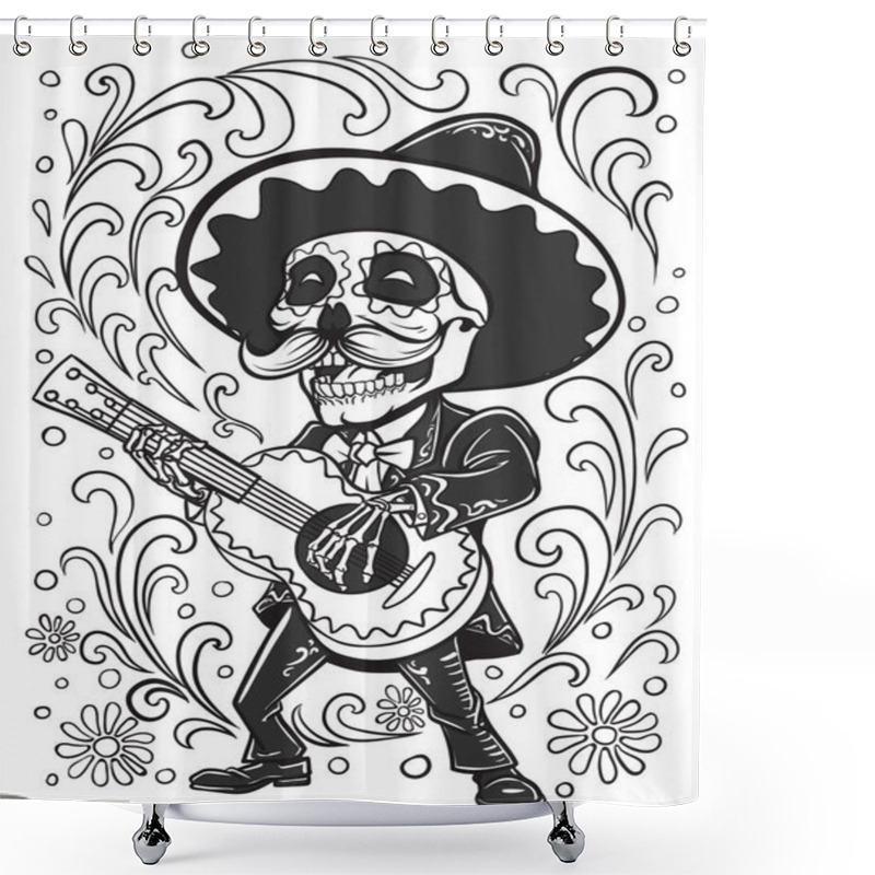 Personality  Mexican Skull Mariachi Playing Guitar Vector Illustration Design Shower Curtains