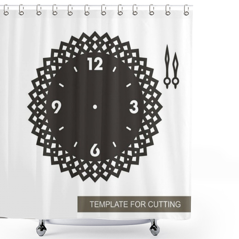 Personality  Openwork Dial With Arrows And Arabic Numerals. Silhouette Of Clock On White Background. Decor For Home. Template For Laser Cutting, Wood Carving, Paper Cut And Printing. Vector Illustration. Shower Curtains