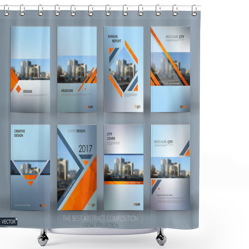 Personality  Abstract Composition. Gray A4 Brochure Cover Design. Info Banner Frame. Text Font. Title Sheet Model Set. Modern Vector Front Page. Brand Logo Texture. Orange Color Figures Image Icon. Ad Flyer Fiber Shower Curtains