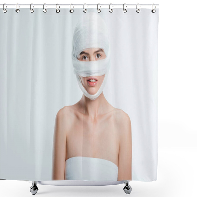 Personality  Woman With Bandages Over Head Isolated On White Shower Curtains