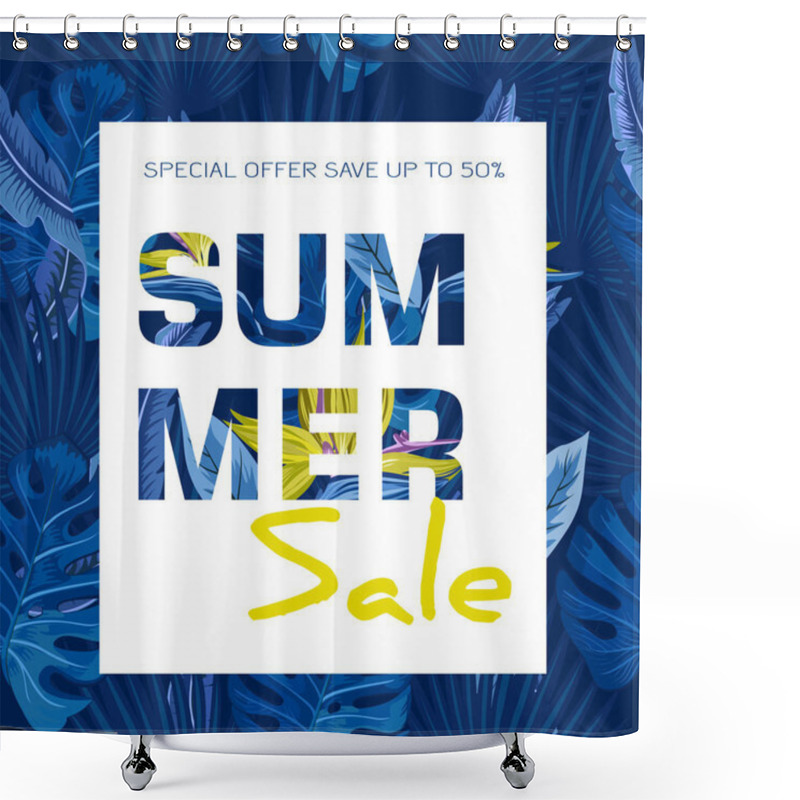 Personality  Summer Sale Background With Flowers Paradise Bird, Palm Leaves. Vector Background For Banner, Poster, Flyer, Card, Postcard, Cover, Brochure. Shower Curtains