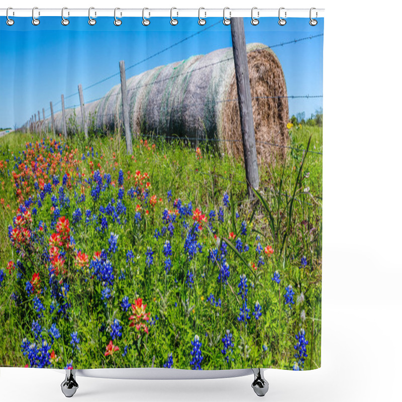 Personality  A Meadow With Round Hay Bales And Fresh Texas Wildflowers Shower Curtains