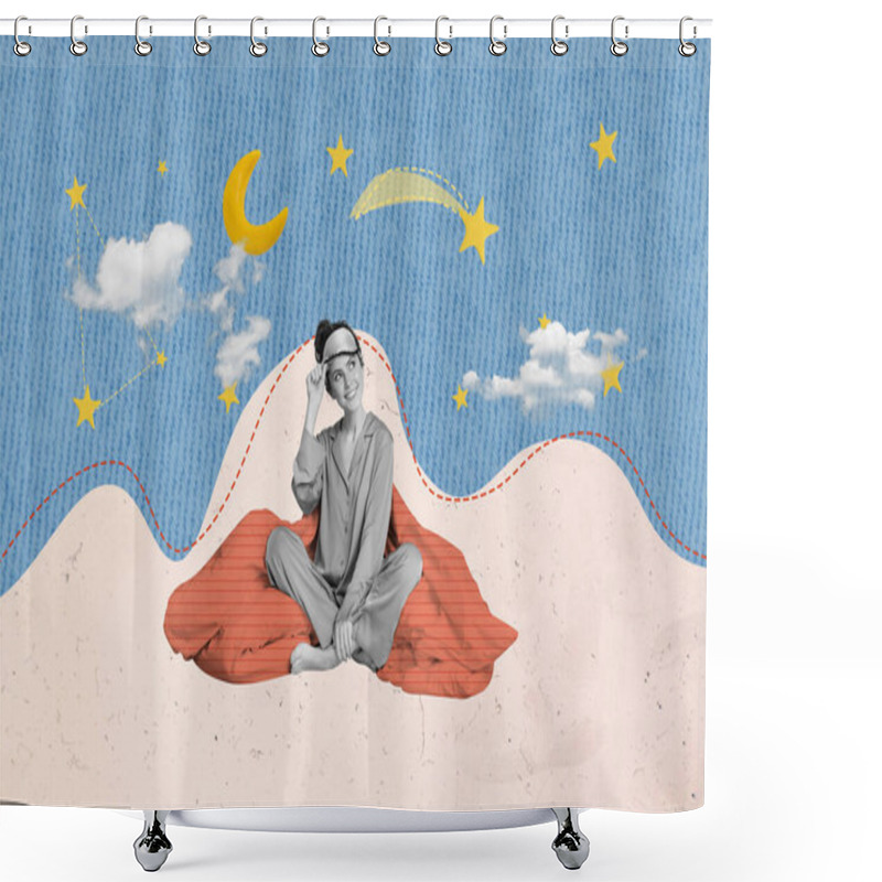 Personality  Photo Of Lady Collage Illustration Person Touching Blindfold Mask Waking Up Dreaming At Pajama Party At Night Isolated On Stars Background. Shower Curtains