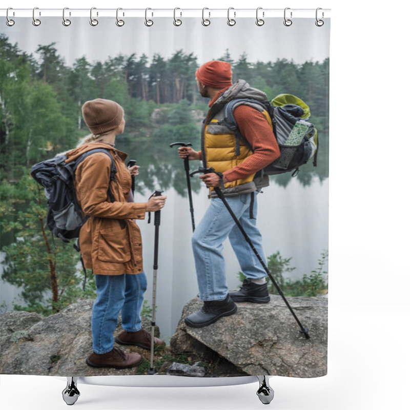 Personality  Back View Of Couple With Backpacks Holding Hiking Sticks And Looking At Lake Shower Curtains