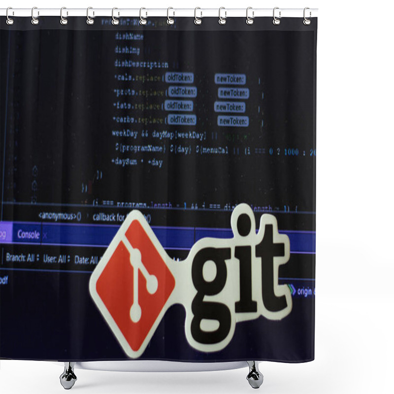 Personality  Moscow, Russia - 1 June 2020: Git Logo Sign With Program Code On Background Illustrative Editorial. Shower Curtains