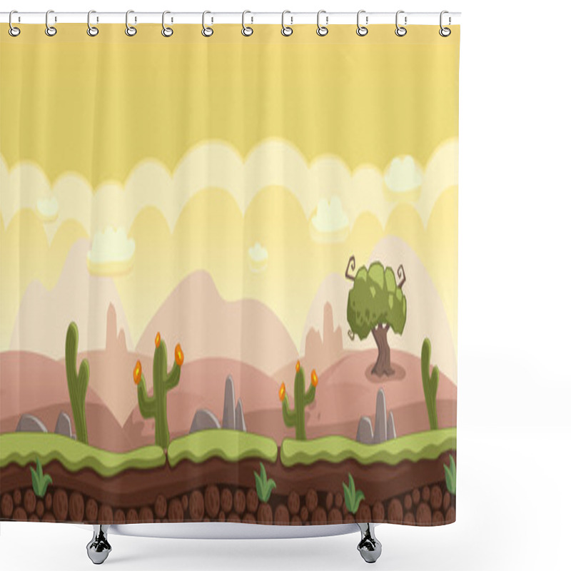 Personality  Horizontal Cartoon Background With Desert Landskape Stones, Rocks, Cacti. Vector Shower Curtains