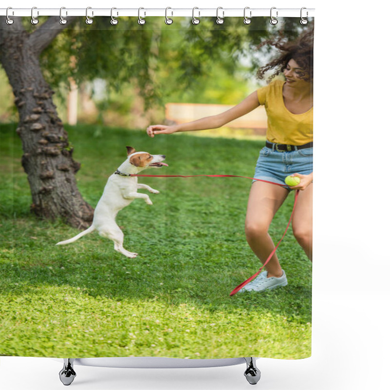 Personality  Selective Focus Of Young Woman And Jack Russell Terrier Dog Playing In Park Shower Curtains