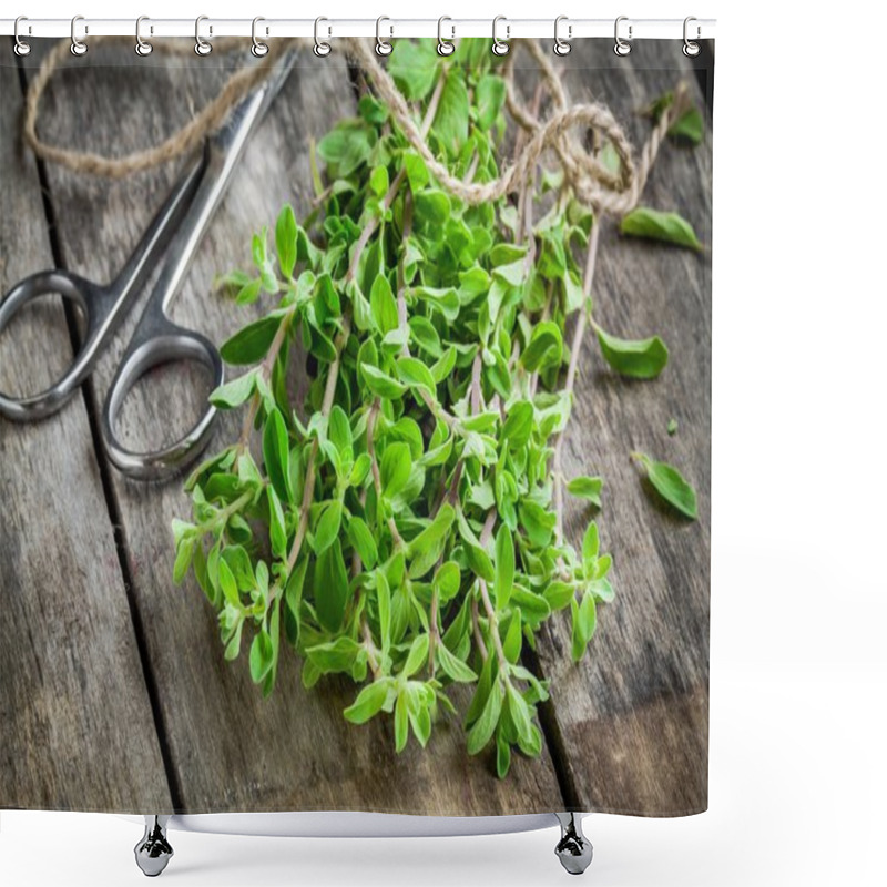 Personality  Bunch Of Raw Green Herb Marjoram With Scissors On A Wooden Table Shower Curtains