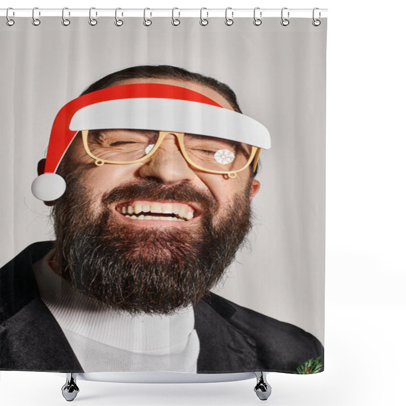 Personality  Joyous Bearded Man In Festive Glasses With Santa Hat Posing In Suit And Smiling On Grey Backdrop Shower Curtains