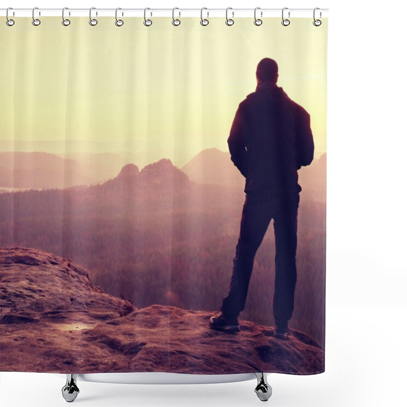 Personality  Tourist With Backpack And Poles On Rocky Peak Looking Into Sun. Sunny Daybreak In Mountains, Dreamy Fogy Valley Below. Shower Curtains