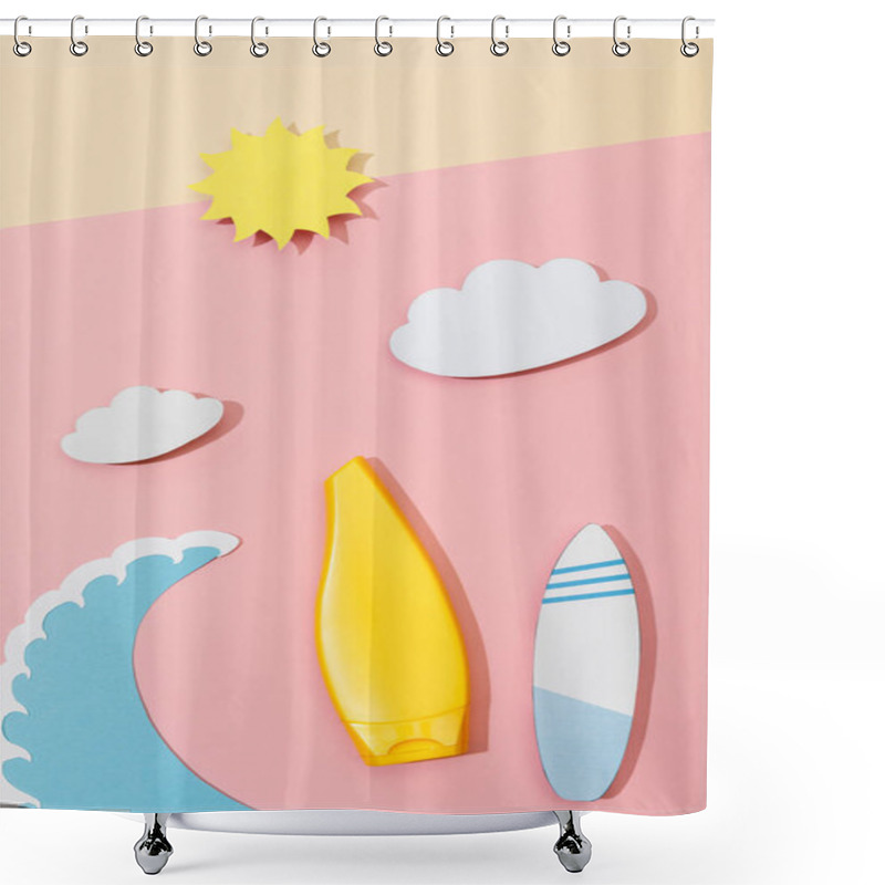 Personality  Top View Of Paper Cut Summer Beach With Tube Of Sunscreen On Pink And Beige  Shower Curtains