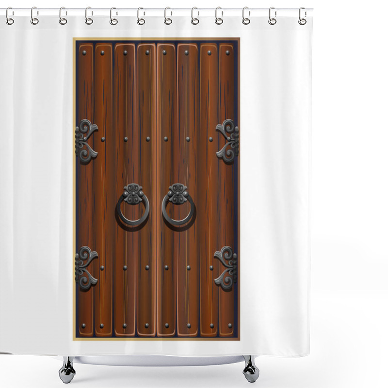 Personality  Antique Fabulous Door With Forged Handles. Double-leaf Wooden Door With Metal Decorations. A Fabulous Door To A Magical Land. Vector Illustration Isolated On White Background. Shower Curtains