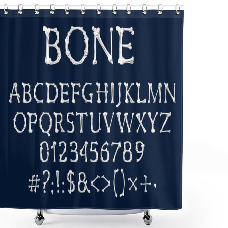 Personality  Font Of Bones, Vector Halloween And Dia De Los Muertos Holidays Design. Alphabet Type Of Human Skeleton Bones, Capital Letters, Numbers Or Digits And Punctuation Marks Of Tibia, Fibula, Ribs, Humerus Shower Curtains