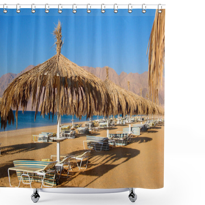 Personality  Beach With Palm And Umbrella At Reds Sea Shower Curtains