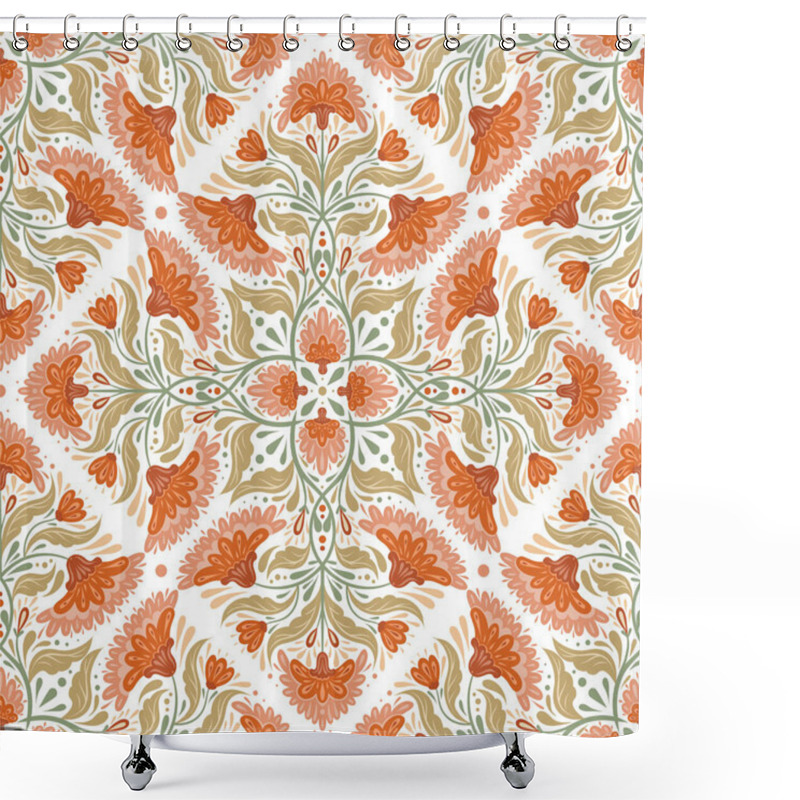 Personality  Vector Folk Art Texture With Geometric Flowers And Stems With Foliage On White Background. Decorative Seamless Pattern With Kaleidoscope Floral Ornaments In Pastel Colors For Wrapping Paper. Shower Curtains